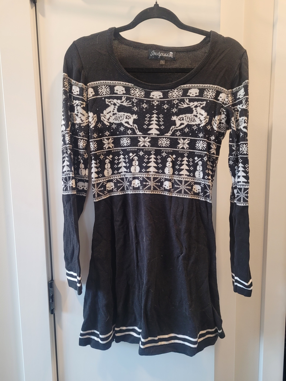 Sourpuss Black & White Reindeer Fair Isle Crewneck Sweater Dress